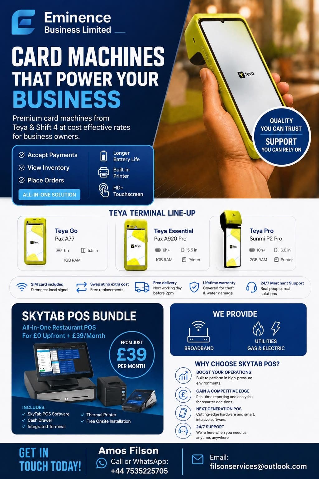Eminence card machines brochure — Teya terminal line-up and the Shift4 POS bundle